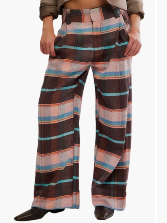 Free People Pants - Free People Plaid Back Buckle Cotton Pants Wide Leg Bold Trousers Size 10 NWT